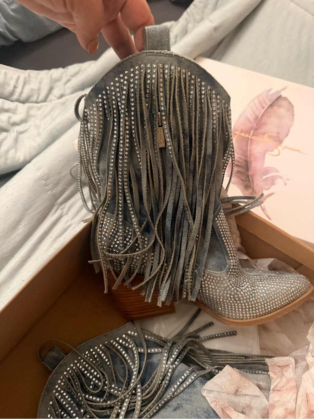 Women’s denim fringe boots - Silver Rhinestone Fringe Boots - Picture 2 of 10